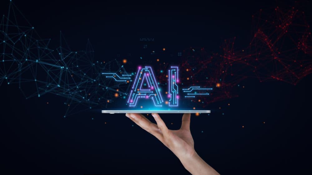A glowing AI graphic above a tablet with digital network lines in the background