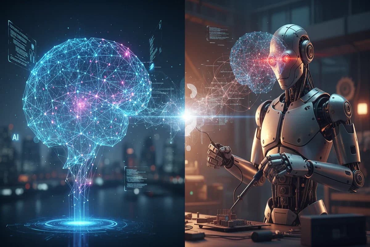 A graphic comparing a physical robot on one side with an AI brain or neural network on the other, showing they are different things