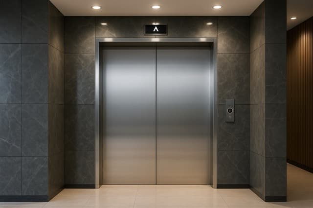 A sleek modern elevator interior with illuminated floor buttons and polished metallic walls