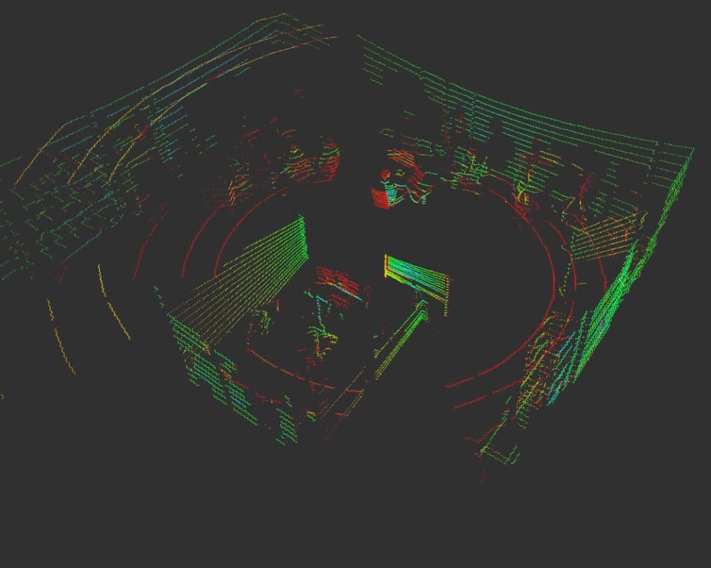 A robot using cameras and sensors to scan and map its surrounding environment for navigation