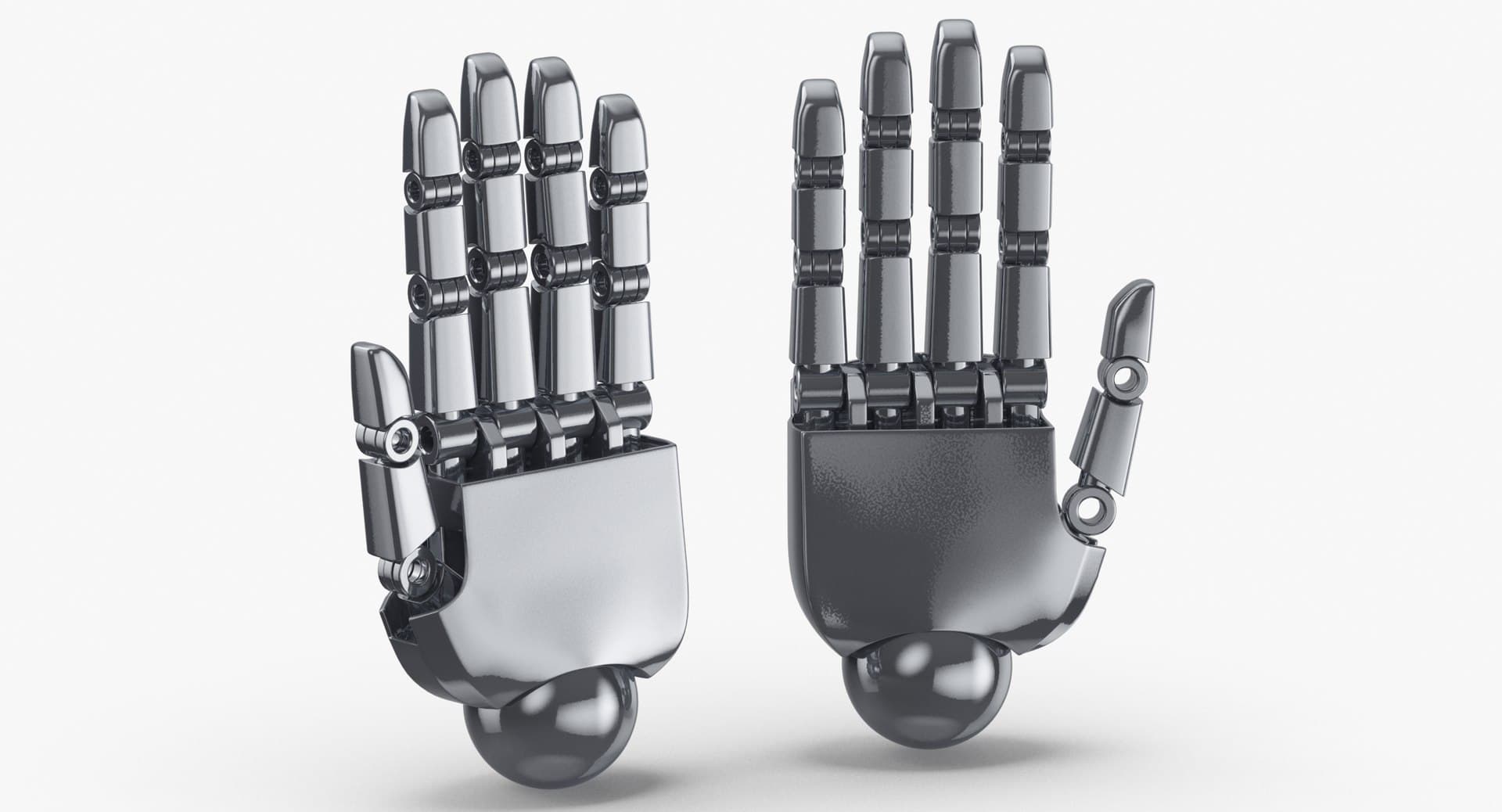 A mechanical robotic hand showing its articulated finger joints and sensors, attempting to replicate the versatility of a human hand