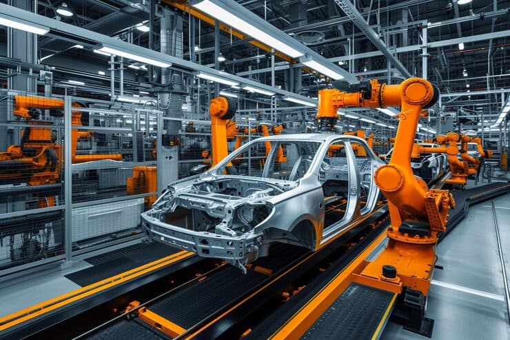 Robotic arms on a car manufacturing assembly line welding and assembling vehicle body panels with precision