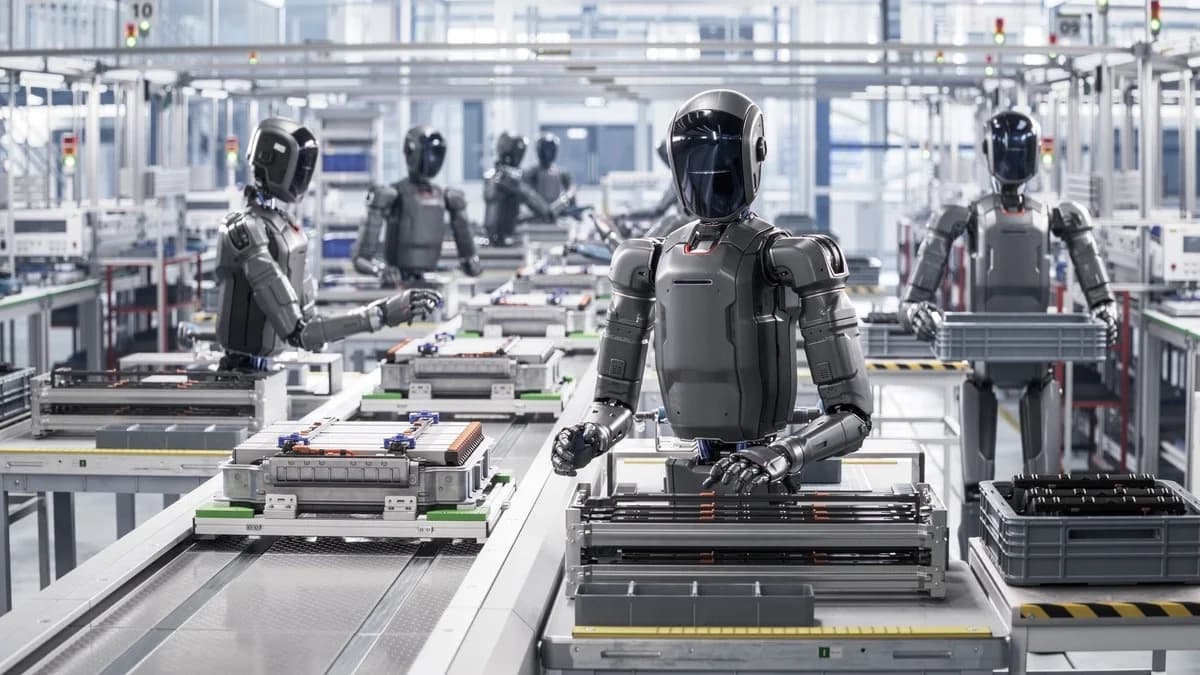 A robot with visible sensors, motors, and articulated joints illustrating the three core components: sense, process, act